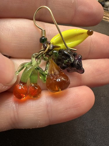 VINTAGE GLASS FRUIT EARRINGS BANANA PEAR CHERRY GRAPES DANGLE! CARMEN MIRANDA