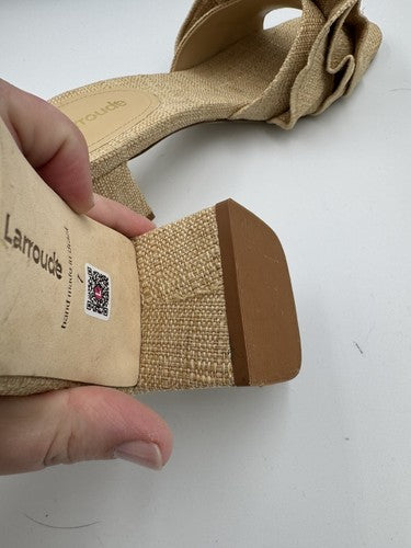 Larroude Brigitte Ruffle Mule Size 7 Beige Raffia Block Heel Sandal Brigite