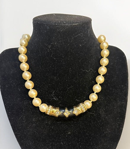 Vintage Swarovski Faux Pearls Necklace With Gold Tone Crystal Enamel Feature