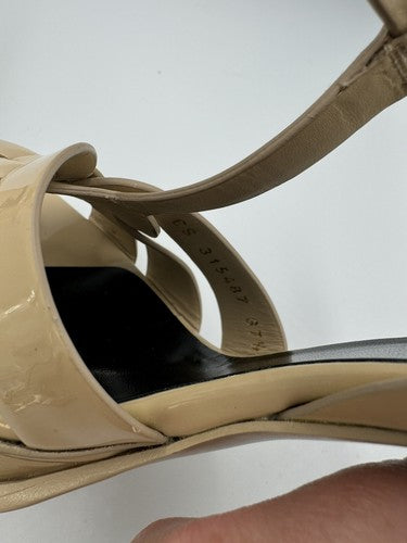 YSL SAINT LAURENT Tribute Patent Leather Platform Heels 37.5 7 Nude Strappy