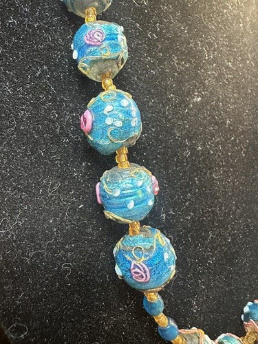 Antique Vintage Venetian Turquoise Blue Foil Glass Wedding Cake Bead Necklace