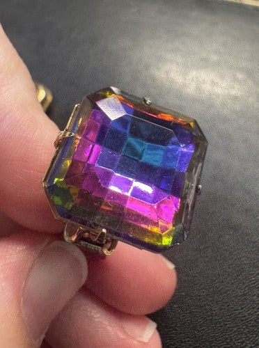 Vintage Rainbow Prism Statement Rhinestone Crystal Clip On Earrings