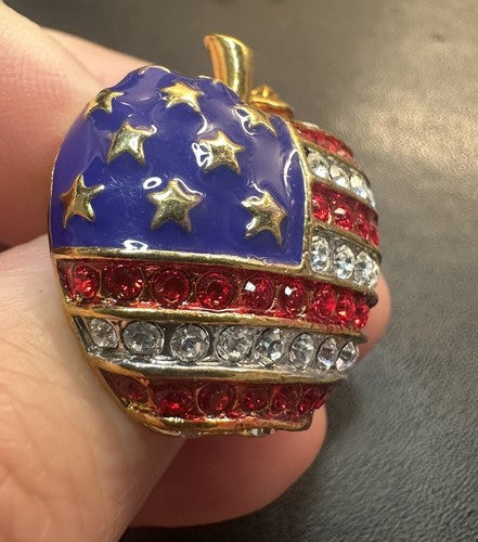 American Flag Apple Brooch Pin Gold Tone Rhinestones Red White & Blue Enamel