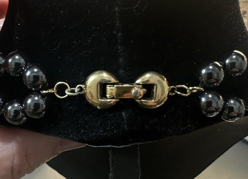 Vintage Hematite Beaded Double Strand Choker Necklace Signed 16.5” 116g