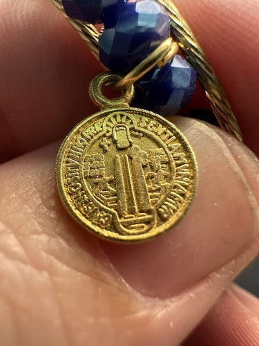 St. Benedict Medal Faceted Blue Gold Stretch Charm Bracelet