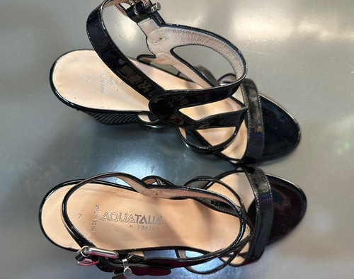 Aquatalia Patent Leather Surprise Wedge Upscale Espadrille Sandals Black, Size 7