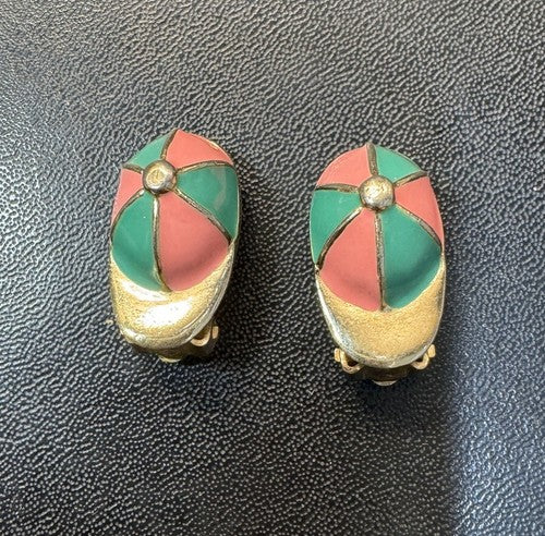 Vintage Gay Boyer Clip On Earrings Jockey Hat Horse Racing Enamel Pink Green
