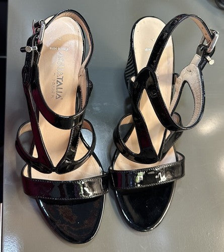Aquatalia Patent Leather Surprise Wedge Upscale Espadrille Sandals Black, Size 7