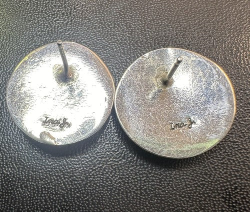 Vtg Navajo Signed Coin Silver Saucer Disk Concho Post Earrings Ina J.