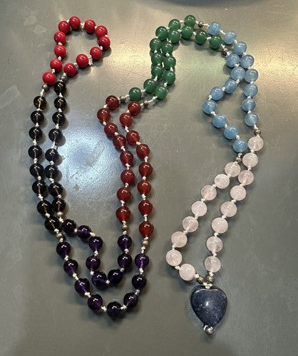 108 Bead Rainbow Amethyst Rose Quartz Lapis Carnelian Necklace Knotted Mala .925