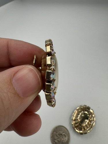 Vintage AB Rhinestone Faux Pearl Gold Tone Clip On Statement Earrings