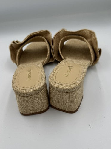 Larroude Brigitte Ruffle Mule Size 7 Beige Raffia Block Heel Sandal Brigite