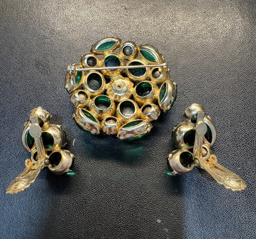 Vintage Brooch Clip On Earrings Set Gold Tone Blue Green Rhinestone