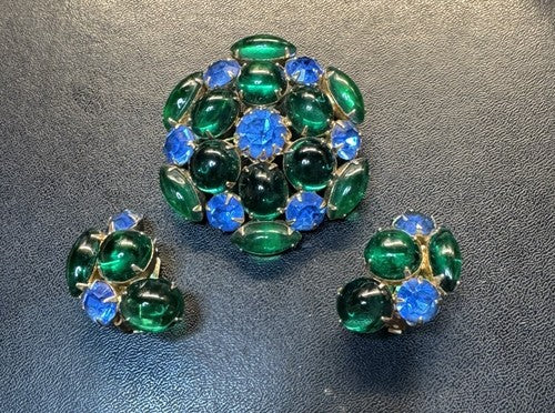 Vintage Brooch Clip On Earrings Set Gold Tone Blue Green Rhinestone