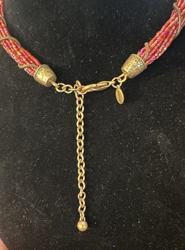 Chicos Statement Necklace Hibiscus Hummingbird Flower Pink Red Gold Enamel