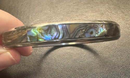 Vintage Bangle 8” Bracelet Silver Tone Abalone Shell 3/8” Wise