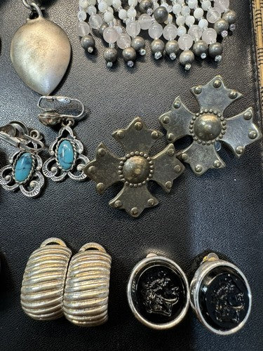 Lot of Vintage Clip On Earrings 13 Pairs Most Signed Pearl Silver Tone Glass