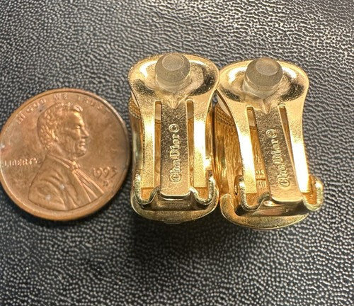 Christian Dior Vintage Clip Earrings Gold Chunky Half Hoop Rhinestone 80s