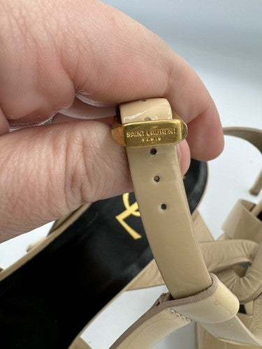 YSL SAINT LAURENT Tribute Patent Leather Platform Heels 37.5 7 Nude Strappy