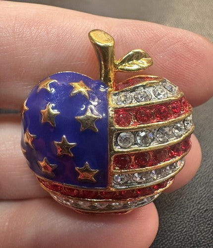 American Flag Apple Brooch Pin Gold Tone Rhinestones Red White & Blue Enamel