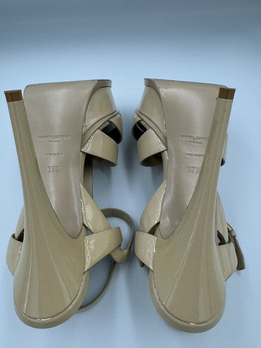 YSL SAINT LAURENT Tribute Patent Leather Platform Heels 37.5 7 Nude Strappy
