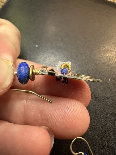 Marcia Q Miller~Lapis Lazuli, Stamped Pewter & Brass Earrings