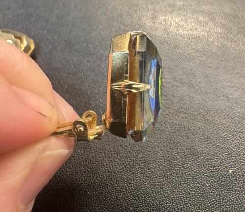 Vintage Rainbow Prism Statement Rhinestone Crystal Clip On Earrings