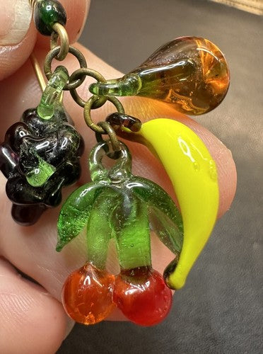 VINTAGE GLASS FRUIT EARRINGS BANANA PEAR CHERRY GRAPES DANGLE! CARMEN MIRANDA