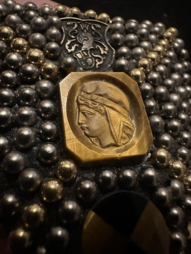 Exquisite Richard Minadeo Heraldic Shield Brooch Pin Carved Tiger Eye Cameo