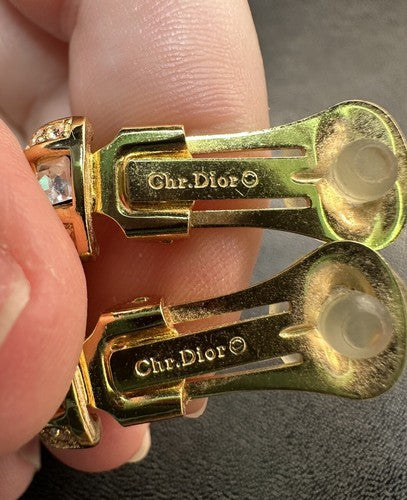 Christian Dior Vintage Clip Earrings Gold Chunky Half Hoop Rhinestone 80s