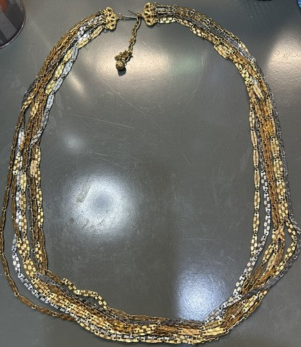 Vintage Faceted Etched Metal Chain Necklace Multi Strand Gold Silver Tone