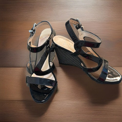 Aquatalia Patent Leather Surprise Wedge Upscale Espadrille Sandals Black, Size 7