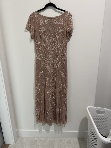 Pisarro Nights Beaded Mesh Midi Gown Beaded Sequin Beige Dress Size 10