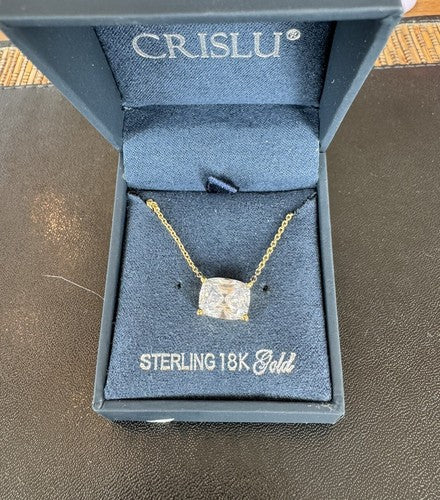 Crislu Sterling Silver 18k Pendant Cushion Cut Pendant Necklace Vermeil 16-18”