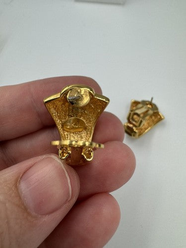 Vintage Signed KJL Kenneth J Lane Gold Tone Clip On Post Earrings Fan Shell Deco