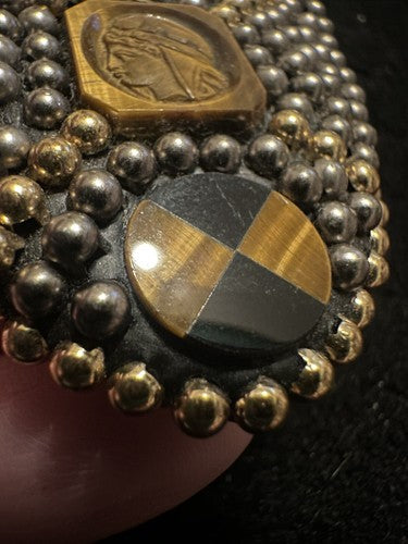 Exquisite Richard Minadeo Heraldic Shield Brooch Pin Carved Tiger Eye Cameo