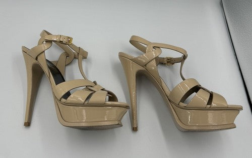 YSL SAINT LAURENT Tribute Patent Leather Platform Heels 37.5 7 Nude Strappy