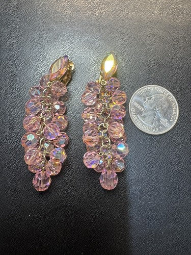 Lewis Segal Vintage Earrings Chandelier Pink Aurora Borealis Statement Clip On