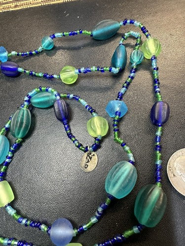 ZAD Blue Green Sea Glass Look Beaded Necklace 42”