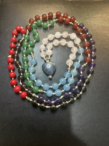 108 Bead Rainbow Amethyst Rose Quartz Lapis Carnelian Necklace Knotted Mala .925