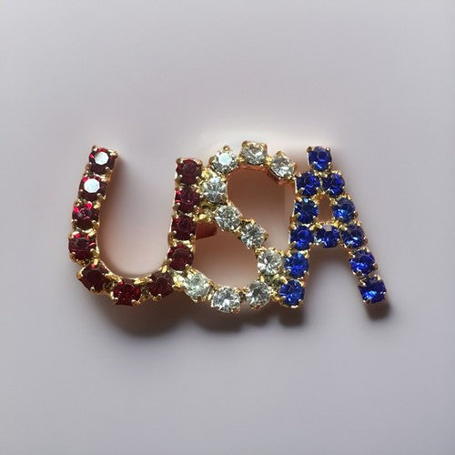 Vintage Unusual USA Rhinestone Pin Red White Blue Brooch