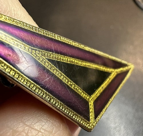 Vintage Pierre Bex Gold Purple Black Art Deco Triangle Brooch Pin Bold