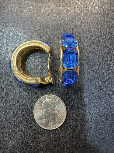 VTG Vendome Clip Earring Signed Stunning Blue Rhinestone Hoops Gold