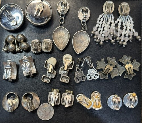 Lot of Vintage Clip On Earrings 13 Pairs Most Signed Pearl Silver Tone Glass