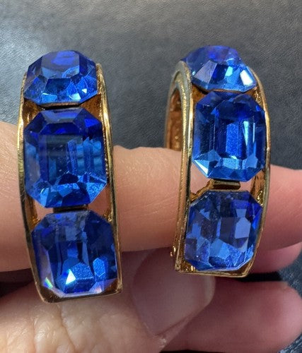 VTG Vendome Clip Earring Signed Stunning Blue Rhinestone Hoops Gold