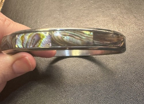 Vintage Bangle 8” Bracelet Silver Tone Abalone Shell 3/8” Wise