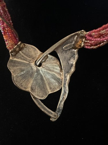 Chicos Statement Necklace Hibiscus Hummingbird Flower Pink Red Gold Enamel
