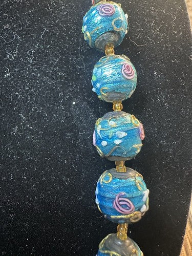 Antique Vintage Venetian Turquoise Blue Foil Glass Wedding Cake Bead Necklace