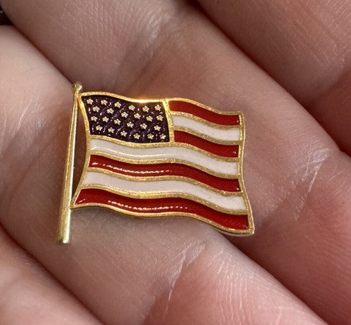 14k Solid Gold Enamel American Flag Lapel Pin Brooch Tie Tack I LOVE USA on Back