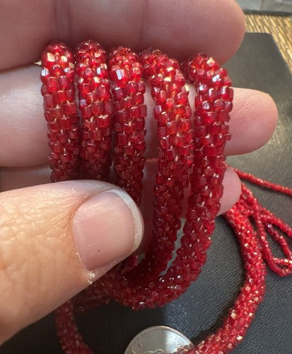 Antique Art Deco Sautoir Red Seed Bead Flapper Lariat Rope Necklace Tassel 57”